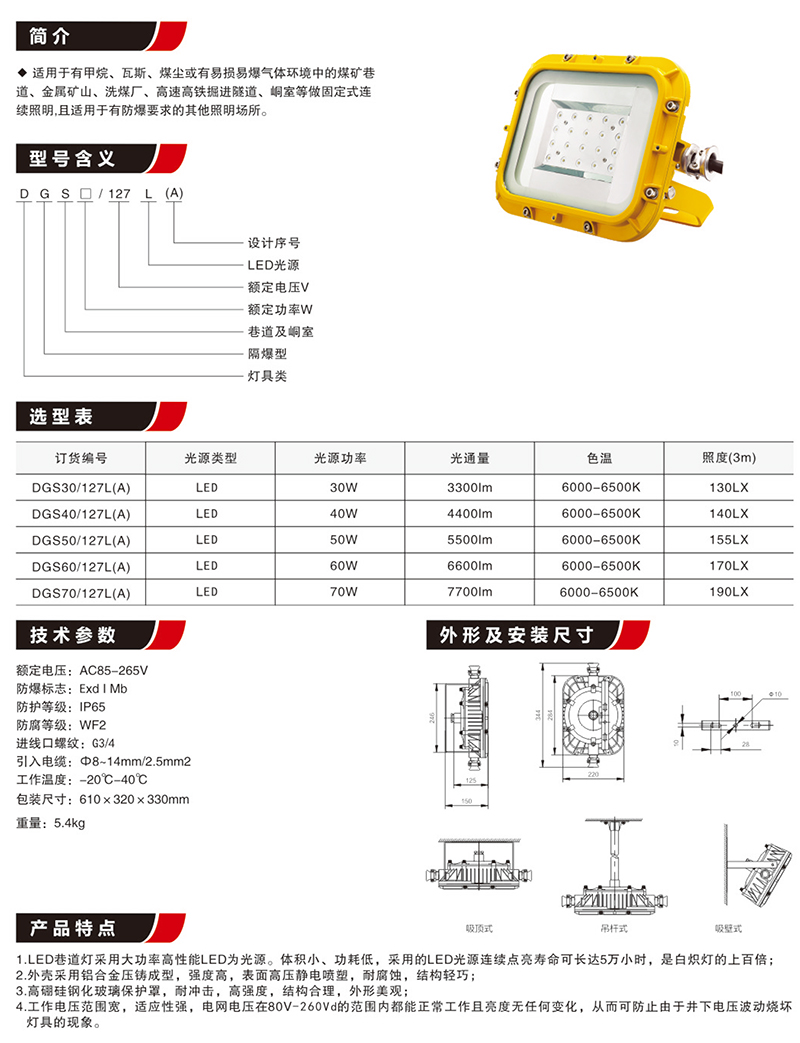 DGS40/50/60/70/127L(A)隔爆型礦用LED巷道燈